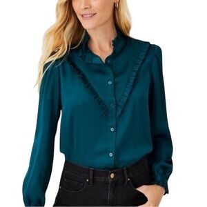 Ann Taylor Ruffle Yoke Long Sleeve Blouse Button Front Ominous Teal Small